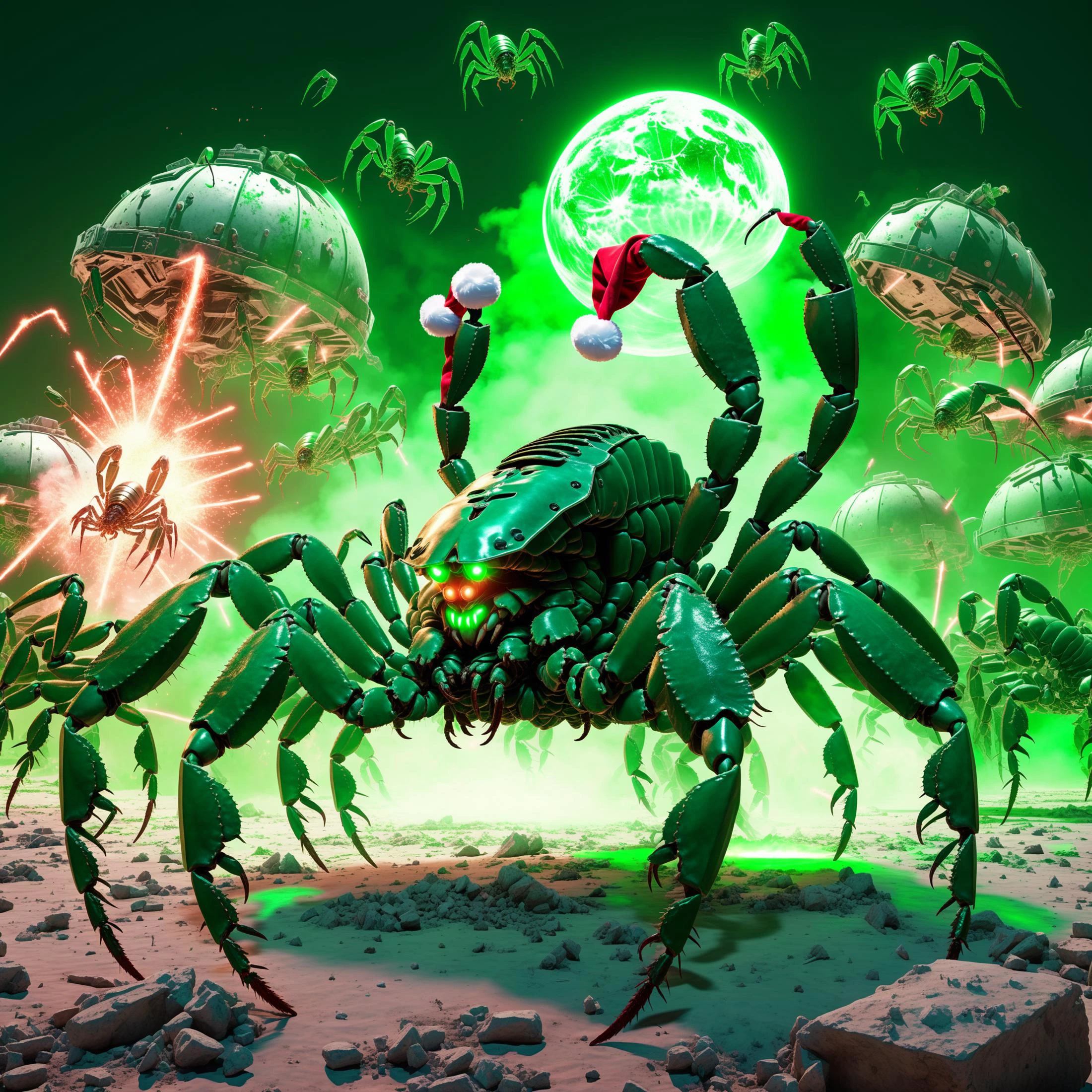 cinematic postapocalyptic war scene of a group of massive EdobScorpion battle mechs with robotic ai overlord (santa faces) in green team colors neon green lasers and a (santa hat), explosions, bullet trails <lora:EdobScorpionPhotoReal_XL_v1.0:0.75> <lora:AI_Overlord_Santas_-_The_Green_Team_LoRA:0.5>