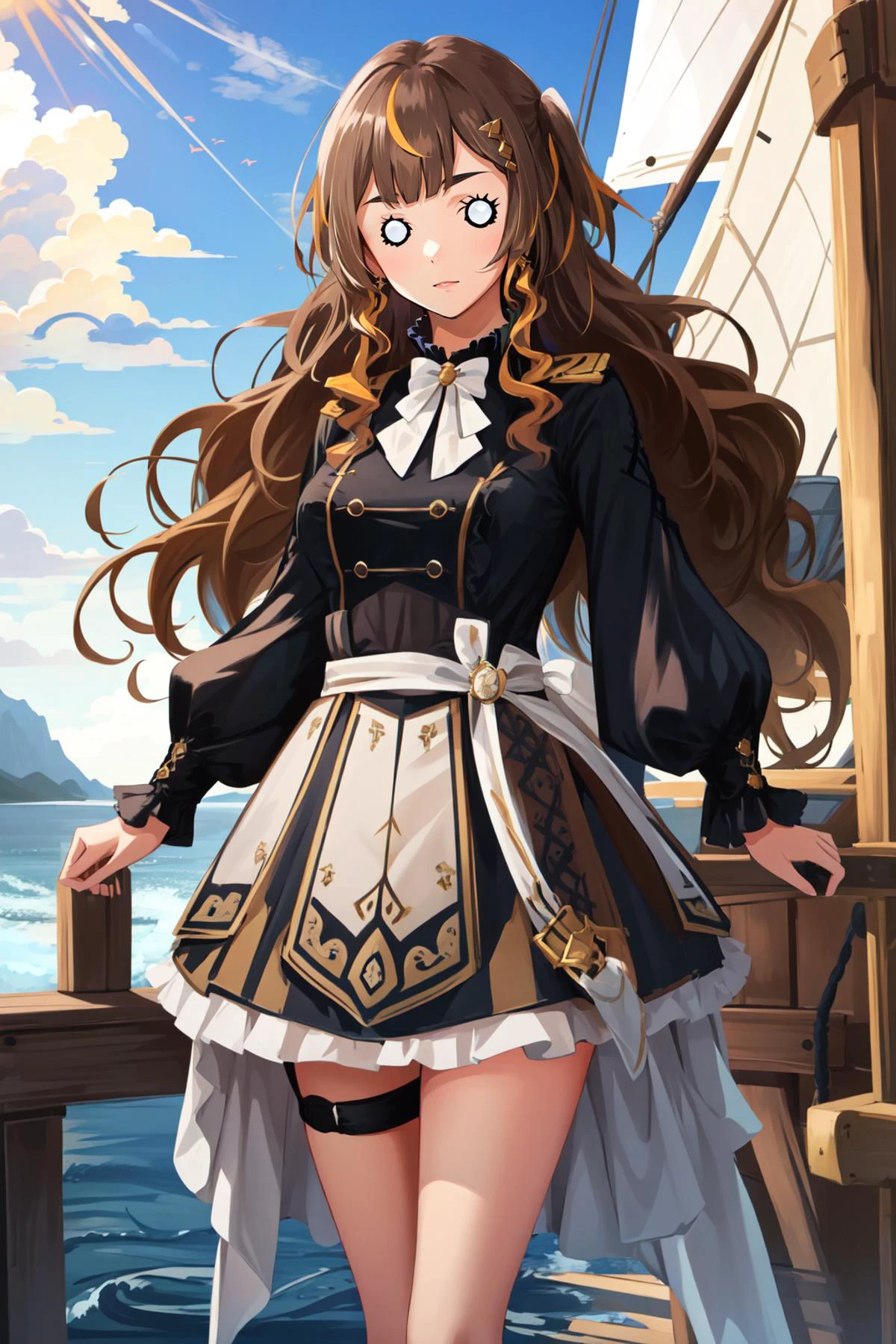 (masterpiece, best quality), intricate details,
1girl, <lora:KitsuneAi-AnyaMelfissa-LoCon32V1-000011:0.8> long hair, brown hair, anya melfissa,
<lora:Pirate:0.8> watercraft, ship, PrateT, black dress, <lora:hotarueye_whiteeye7_v100:1> white eyes,