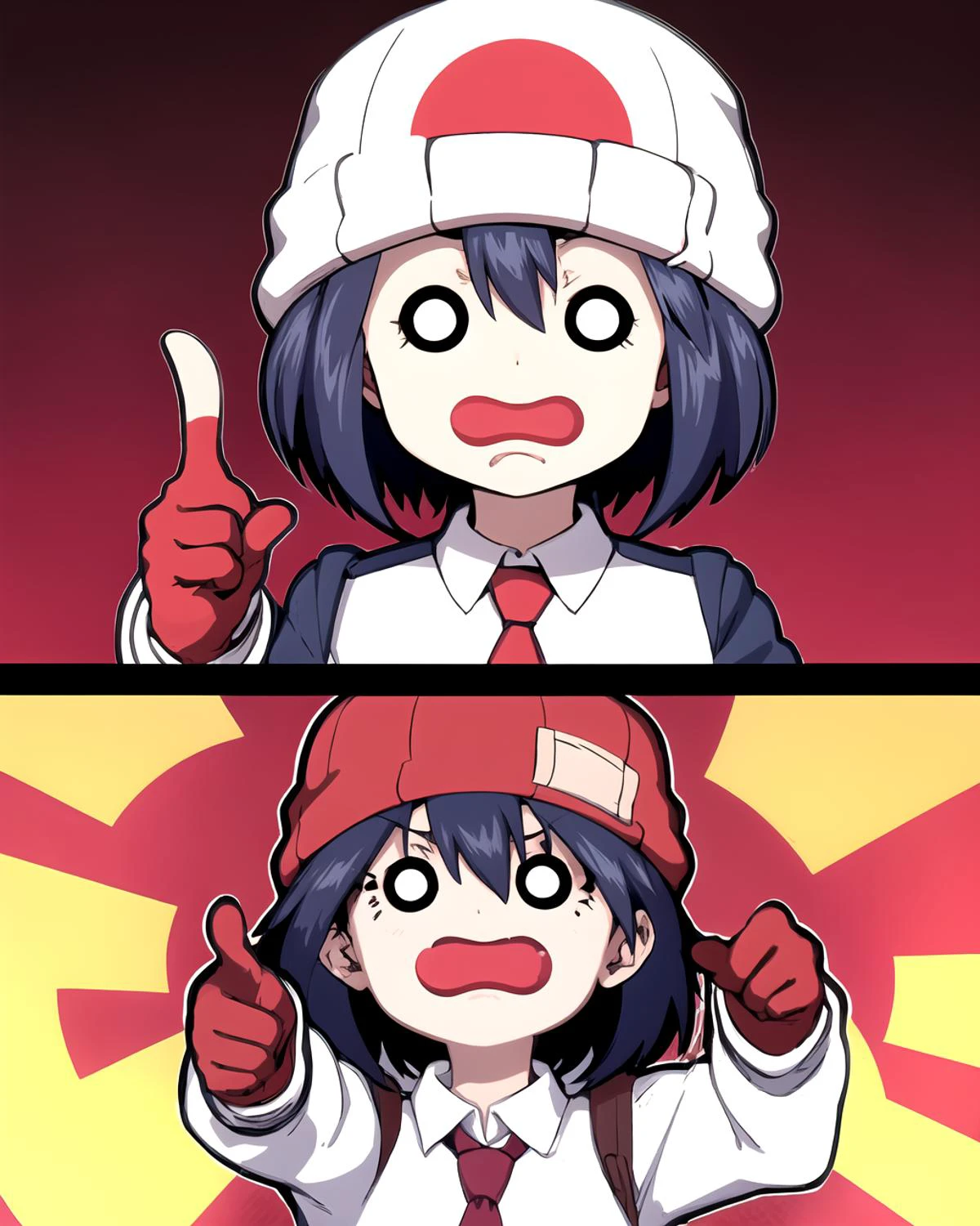 <lora:GoodHands-vanilla:1> 1girl, <lora:fuuko izumo s1-lyco-nochekaiser:0.7> fuuko izumo, black hair, hair between eyes, (brown eyes:1), short hair, beanie, red beanie, white shirt, long sleeves, BREAK red gloves, necktie, red necktie, portrait,
<lora:wavymouth_type3_v100:1> open mouth, wavy mouth, surprised, pointing,
<lora:hotarueye_whiteeye8_v100:1>
<lora:PlantPenetrator:0.75>