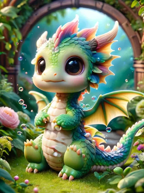 ral-smoldragons, a small glitterdragon sitting in a garden with bubbles, two dragonwings on his back <lora:ral-smoldragons-sdxl:1>