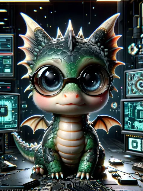 ral-smoldragons, a small computer nerd dragon (wearing big glasses:1.5) (sitting on a computer desk:2) <lora:ral-smoldragons-sdxl:1> <lora:ral-semiconductor:0.5> ral-semiconductor