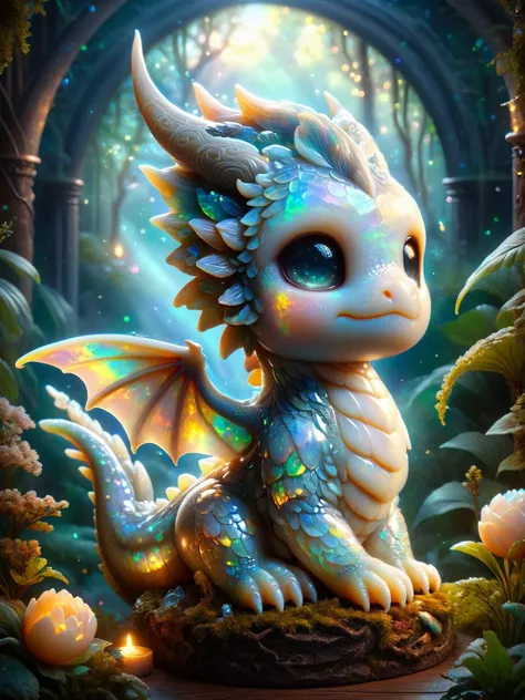 ral-smoldragons, A smol dragon with translucent,ral-opal opalescent scales perching on an ancient, rune-engraved pedestal, with a background of a mystical forest shrouded in morning mist <lora:ral-smoldragons-sdxl:1>, dynamic, cinematic, masterpiece <lora:ral-opal-sdxl:0.8>,<lora:EnvyBetterHiresFixXL01:0:hr=1>