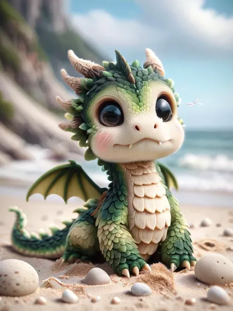 ral-smoldragons, a small dragon sitting on a sandy beach <lora:ral-smoldragons-sdxl:1>