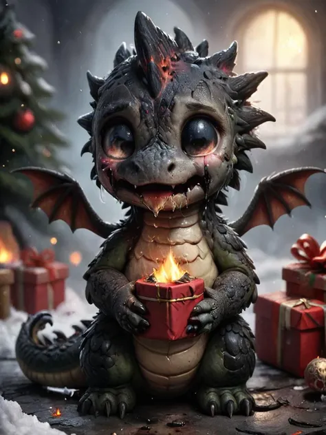 ral-smoldragons, a crying cute sad dragon in anticipation and in tears is holding a poorly packed and charred Christmas gift and (presenting:1.1) the gift to the viewer while ( (drollig:1.5) lava:1.1) all over the charred and crumbled gift <lora:ral-smoldragons:.7> <lora:SDXL - Style - xl_more_art-full_v1:.2> <lora:- SDXL_AI-Breaker_StrangeEdition_V1_9000:.2> <lora:SDXL - Slider - crying:5>