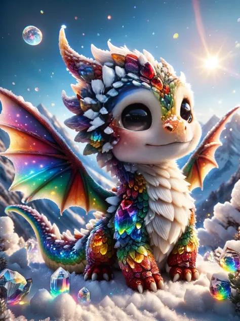 ral-smoldragons, A smol dragon made of living crystalz, refracting the sunlight in a cascade of rainbows on a snowy mountain peak <lora:ral-smoldragons-sdxl:1>, dynamic, HDR, breathtaking <lora:crystalz-sdxl:0.8>,<lora:EnvyBetterHiresFixXL01:0:hr=1>