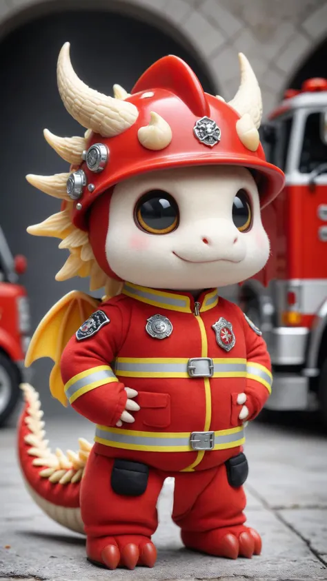 ral-smoldragons wearing a red fireman uniform, red fireman helmet, firetruck in the background, centered image, symmetrical, <lora:ral-smoldragons-sdxl:0.8>
