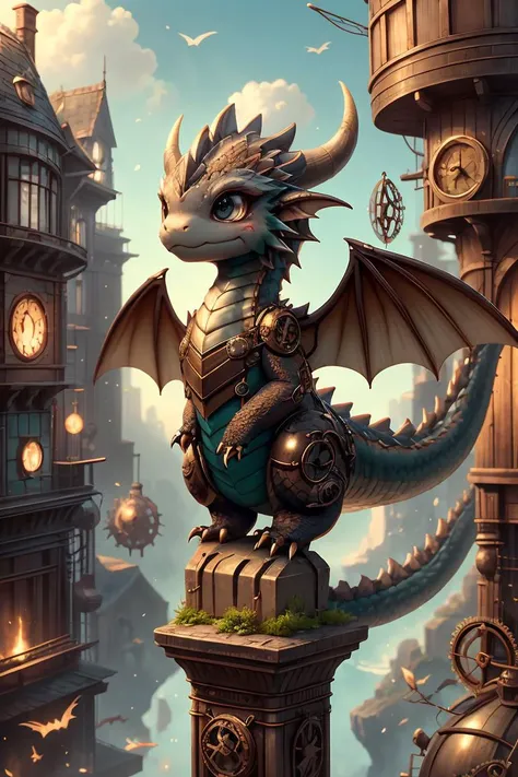 ral-smoldragons, a small steampunk dragon sitting on a ledge <lora:ral-smoldragons:0.8>,best quality,masterpiece