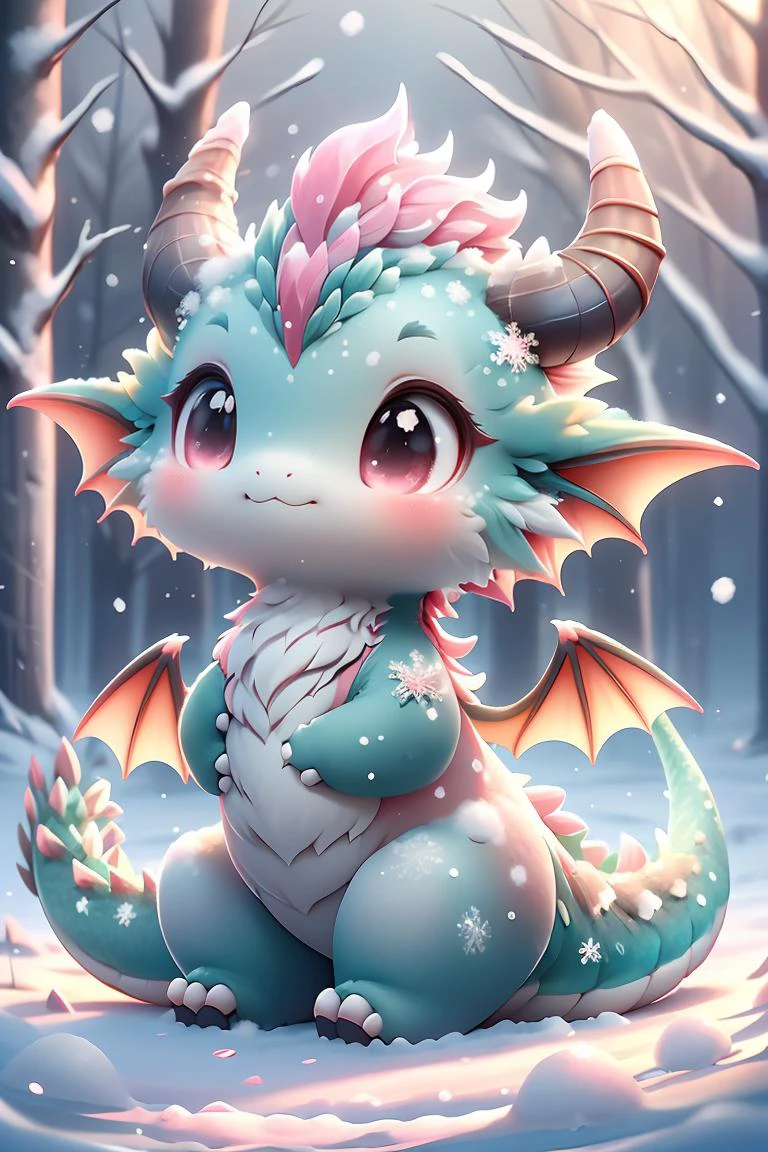 ral-smoldragons, a small pink dragon sitting on a pink surface <lora:ral-smoldragons:0.8>ï¼best quality,masterpiece,((detailed beautiful snow forest with trees)), ((snowflakes)), floating,