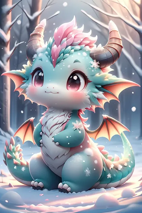 ral-smoldragons, a small pink dragon sitting on a pink surface  <lora:ral-smoldragons:0.8>ï¼best quality,masterpiece,((detailed beautiful snow forest with trees)), ((snowflakes)), floating,