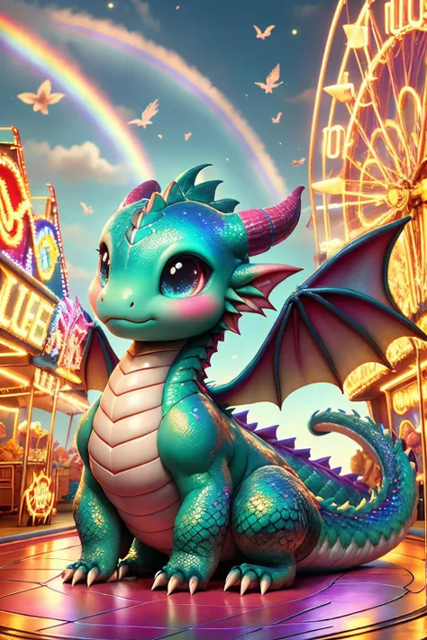 <lora:ral-smoldragons:1> rainbow ral-smoldragons dragon, in the fun fair.