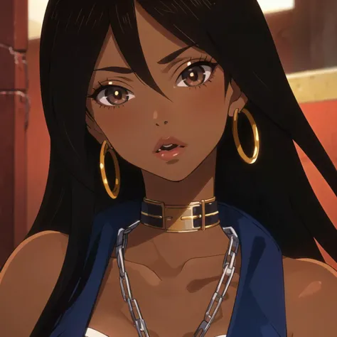 , <lora:sssx:0.7>, michiko_malandro, 1girl, solo, dark-skinned woman, full lips, brown eyes, long hair, dark brown hair, chain, lipstick, <lyco:GoodHands-beta2:1.0>, close up face shot,