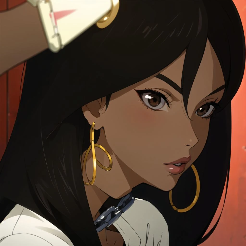 , <lora:sssx:0.7>, michiko_malandro, 1girl, solo, dark-skinned woman, full lips, brown eyes, long hair, dark brown hair, chain, lipstick, <lyco:GoodHands-beta2:1.0>,