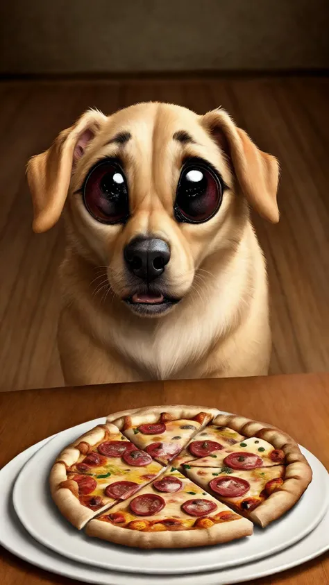 realistic feral dog looking up at dinner table with pizza, (begging:1.2), adorable enormous eyes, <lora:l_pr_eemn_crp_cap_sd_8_2:1.5>