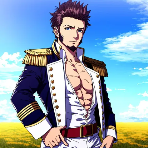 highres, masterpiece, high quality, napoleon bonaparte \(fate\), male pectoral cleavage, military uniform, goatee, standing in a field with a rainbow in the background