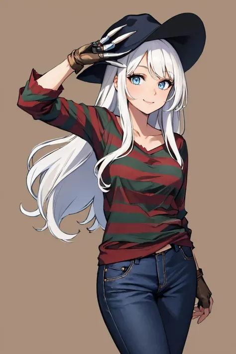 (masterpiece, best quality:1.2), solo, 1girl, smile, looking at viewer, kruegercosplay, long hair, white hair, hat, blue eyes, striped shirt, gloves, claw \(weapon\), blue pants, simple background <lora:attire_freddykrueger-17:1>
