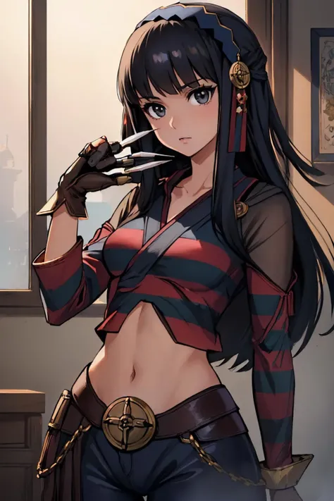 (masterpiece, best quality:1.2), solo, 1girl, rhajat, expressionless, looking at viewer, black hair, black eyes, kruegercosplay, striped shirt, gloves, claw \(weapon\), blue pants, indoors, volumetric lighting <lora:rhajat-fe-richy-v1:0.8> <lora:attire_freddykrueger-17:1>