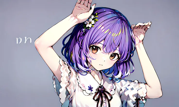 phony,masterpiece, high quality, novel illustration,short hair,(light purple hair),(brown eyes),green hair ornament with white flower, 1girl,solo, looking at viewer, simple background, upper body, grey background, arms up, bunny pose
