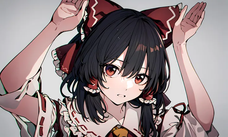 phony,masterpiece, high quality, novel illustration, touhou, 1girl, hakurei reimu,solo, looking at viewer, simple background, upper body, grey background, arms up, bunny pose