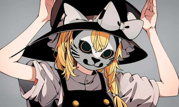 phony,masterpiece, high quality, novel illustration, touhou, 1girl, kirisame marisa, wich hat,solo, looking at viewer, simple background, upper body, grey background, mask,yellow cat mask, arms up, bunny pose