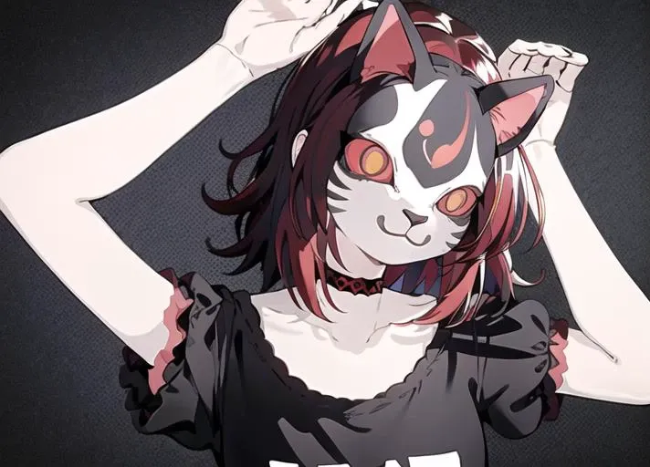 red hair, girl with ponytail and bangs, looking at viewer, messy hair, red eyes, (small breast:1.3), black long skirt ,black dress, black belt, black necleage, white long socks, red ribbon, detailed iris, black choker, black puff (short sleeves:1.3), <lora:Phony:0.8>,phony, 1girl, solo, looking at viewer, simple background, upper body, grey background, mask, cat mask, arms up, bunny pose