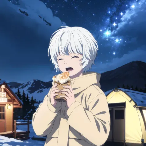 masterpiece,highres,high quality,extremely detailed,solo,
<lora:YuiShiromaru001:0.7>,
YuiShiromaru,1littlegirl,
white hair,
winter_clothes,
mountain,outdoors,camp,night,starry_sky,closed eyes,open mouth,eating,