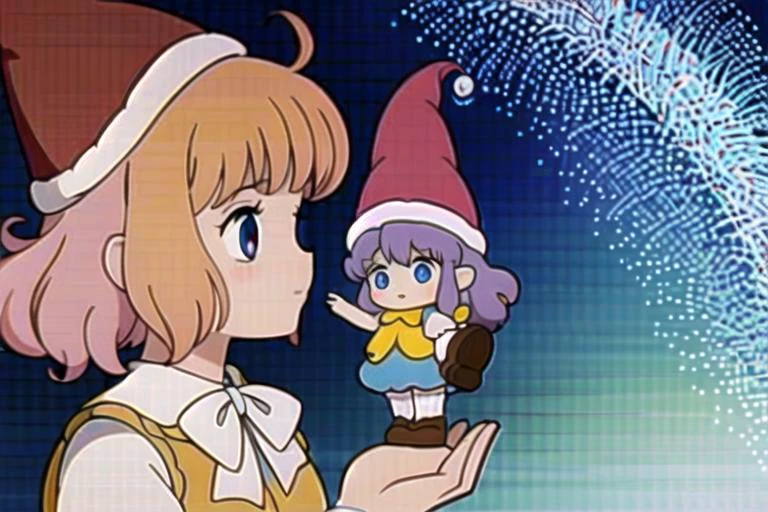((top quality, 8k wallpaper)),(masterpiece, best quality),extremely detailed,high definition,(official art:1.3),(((anime screencap,black outline))),<lora:more_details:0.3>,<lora:LCM_LoRA_Weights_SD15:1>, (1girl with 1fairy),(size difference:1.3), <lora:MarielLegrand002:0.7> (Mariel with Memole), ((MarielLegrand,short hair, ahoge, white shirt,puffy short sleeves,white bow, vest, blue dress, orange hair) with (memole, fairy,long hair,curly hair, santa hat, yellow dress, purple hair, fairy, small))