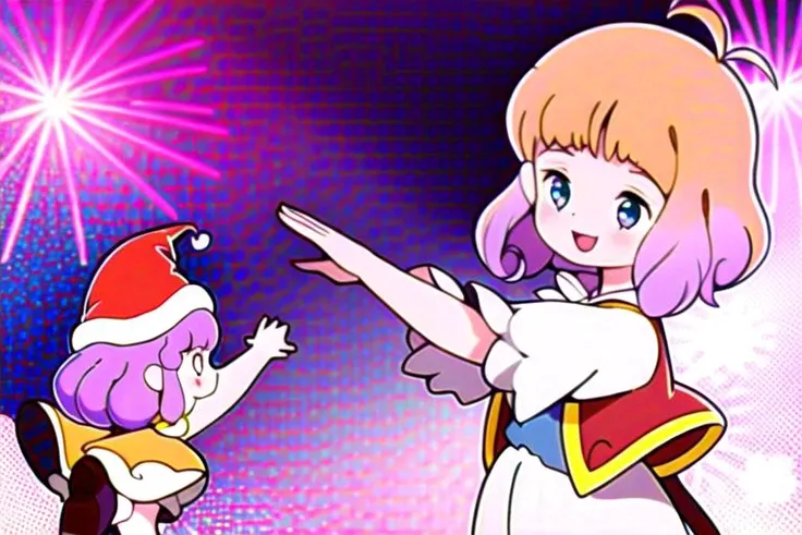 ((top quality, 8k wallpaper)),(masterpiece, best quality),extremely detailed,high definition,(official art:1.3),(((anime screencap,black outline))),<lora:more_details:0.3>,<lora:LCM_LoRA_Weights_SD15:1>, smiling, happy, (1girl with 1fairy:1.4),(size difference:1.3), <lora:MarielLegrand002:0.9> (Mariel with Memole), ((MarielLegrand,short hair, ahoge, white shirt,puffy short sleeves,white bow, vest, blue dress, orange hair) with (memole, fairy,long hair,curly hair, santa hat, yellow dress, purple hair, fairy, small))