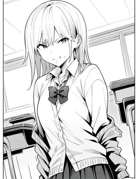 score_9, score_8_up, score_7_up, source_anime,
gyaruharuka, <lora:gyaru-haruka-manga-ponyxl-lora-nochekaiser:1>,
gyaru haruka, long hair, bangs, earrings, mole, mole under mouth, monochrome, greyscale,
skirt, shirt, bow, school uniform, pleated skirt, open clothes, socks, collared shirt, bowtie, cardigan,
indoors, classroom, smile,
looking at viewer, solo, cowboy shot, dutch angle,