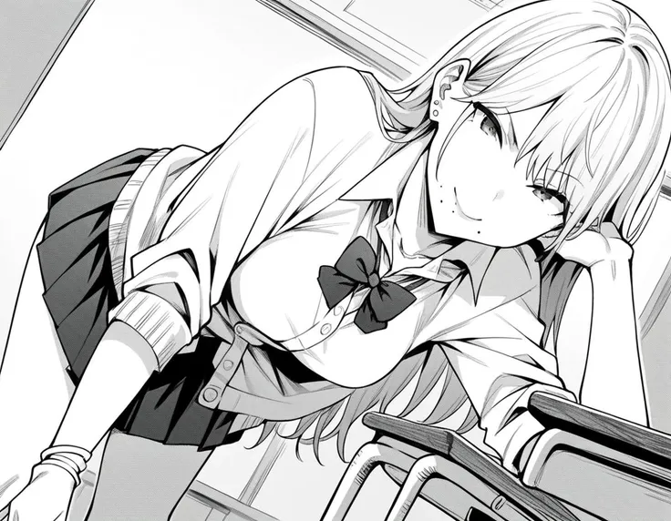 score_9, score_8_up, score_7_up, source_anime,
gyaruharuka, <lora:gyaru-haruka-manga-ponyxl-lora-nochekaiser:1>,
gyaru haruka, long hair, bangs, earrings, mole, mole under mouth, monochrome, greyscale,
skirt, shirt, bow, school uniform, pleated skirt, open clothes, socks, collared shirt, bowtie, cardigan,
indoors, classroom, smile, bent over,
looking at viewer, solo, cowboy shot, dutch angle,