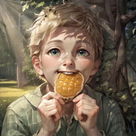 score_9, score_8_up, score_7_up, human, (Realistic:0.1), Digital Art, (raw:0.1), (Lineart:0.1), cute, cute eyes, beautiful eyes, sharp focus, wide depth of field, cute, Sitting, against tree, hold food, food in mouth, solo, male, blond, pale skin, happy, playful, detailed body, detailed background, face focus, Rays of light, light particles, dust particles, god rays, excited, oil painting, traditional media, realistic, smooth style, sharp style