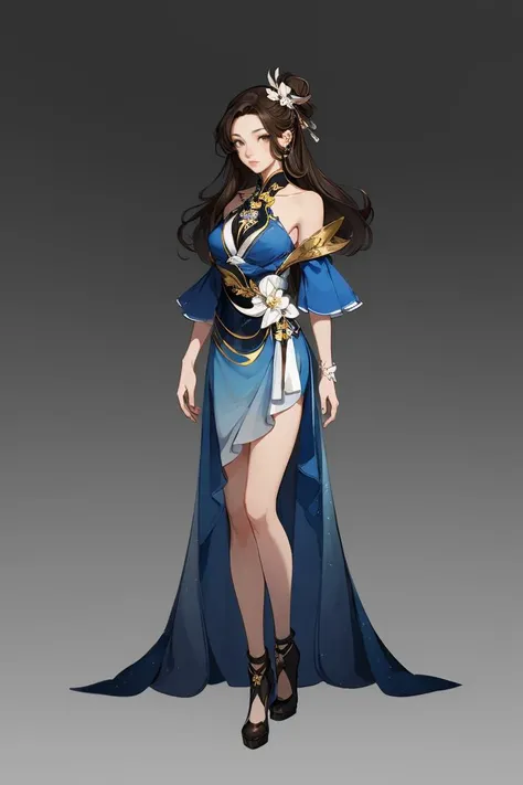 (best quality:1.2),(high quality:1.2),masterpiece,(high details:1.1),Game Character, East Asian Original Art Character Design, 1girl, Solo, Full Body, Dress, High Heels, Standing, Bare Shoulders, Gradient, Gradient Background, Gray Background, Hair Accessory, Brunette Hair, Blue Dress, Looking at the Audience, Tits, Brown Hair, Arms Sides, Long Hair, Black Footwear, Brown Eyes, Simple Background, Yin and Yang, <lora:CG Game characters:0.8>