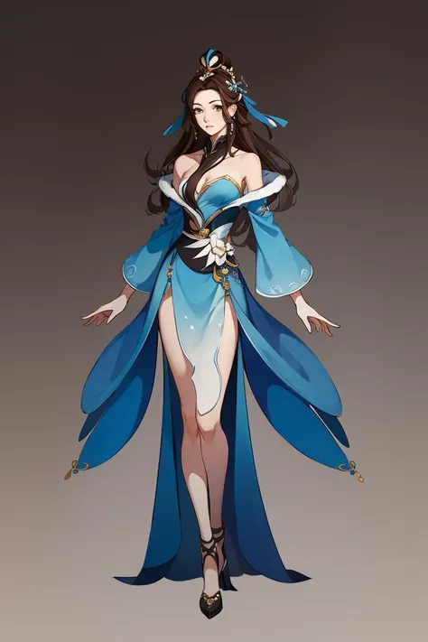 (best quality:1.2),(high quality:1.2),masterpiece,(high details:1.1),Game Character, East Asian Original Art Character Design, 1girl, Solo, Full Body, Dress, High Heels, Standing, Bare Shoulders, Gradient, Gradient Background, Gray Background, Hair Accessory, Brunette Hair, Blue Dress, Looking at the Audience, Tits, Brown Hair, Arms Sides, Long Hair, Black Footwear, Brown Eyes, Simple Background, Yin and Yang, <lora:CG Game characters:0.8>