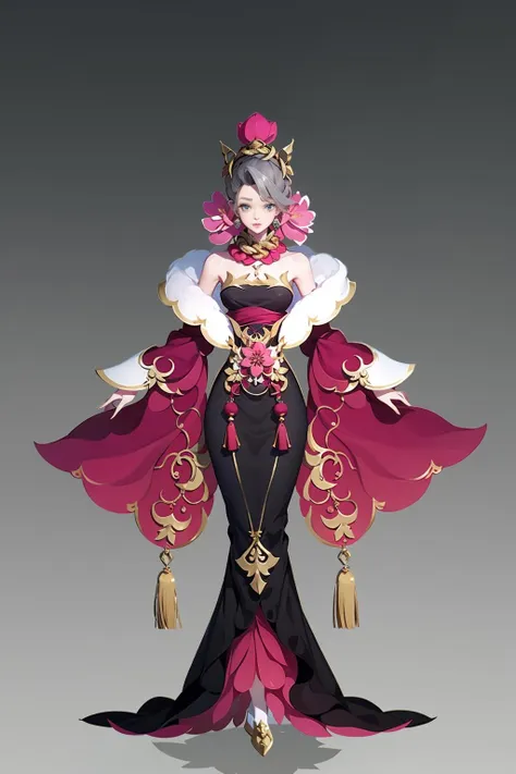 1 girl, solo, full body, dress, gradient, breasts, gradient background, gradient dress, hair accessory, tassel, jewelry, bare shoulders, wide sleeves, standing, gray background, earrings, long sleeves, looking at the audience, pink flowers, gold ornaments, coiled up hairstyle, shadow<lora:CG Game characters:1>