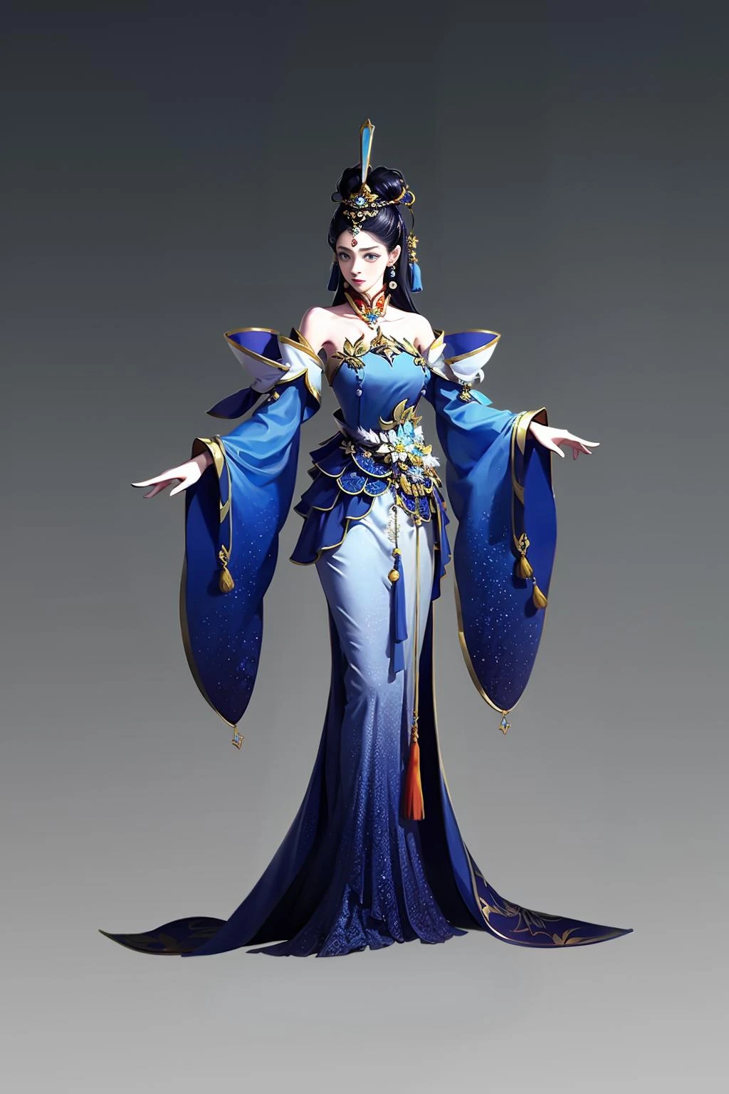 Original character design from East Asia, 1girl, solo, gradient, dress, gradient background, full body, blue dress, bare shoulders, hair ring, looking at the audience, wide sleeves, jewelry <lora:CG Game characters:1>