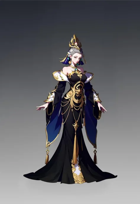 1 girl, solo, full body, dress, gradient, breasts, gradient background, gradient dress, hair accessory, tassel, jewelry, bare shoulders, wide sleeves, standing, gray background, earrings, long sleeves, looking at the audience, flowers, gold ornaments, coiled hairstyle, shadow<lora:CG Game characters:1>
