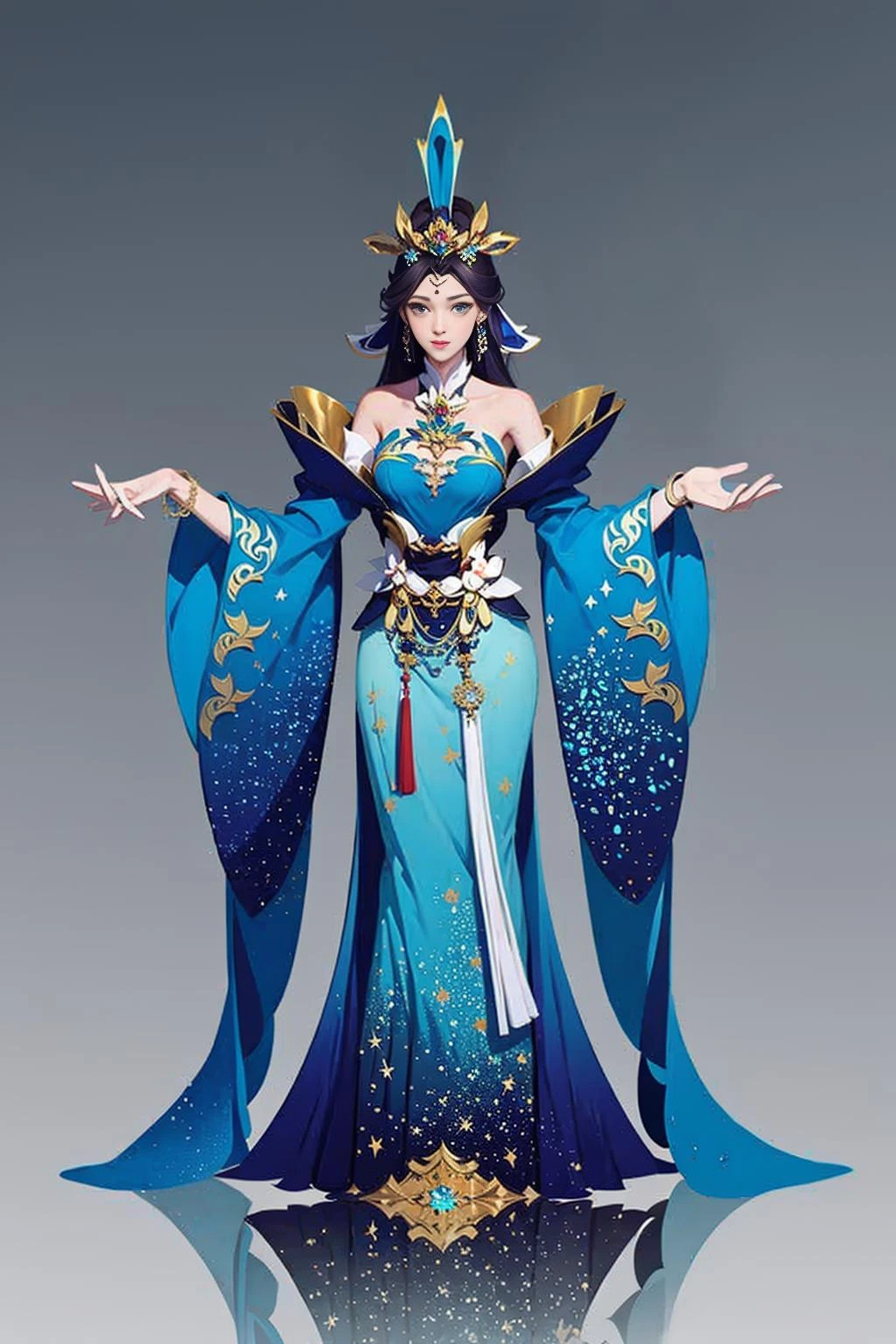 Original character design from East Asia, 1girl, solo, gradient, dress, gradient background, full body, blue dress, bare shoulders, hair ring, looking at the audience, wide sleeves, jewelry <lora:CG Game.zhongshiV2:1>