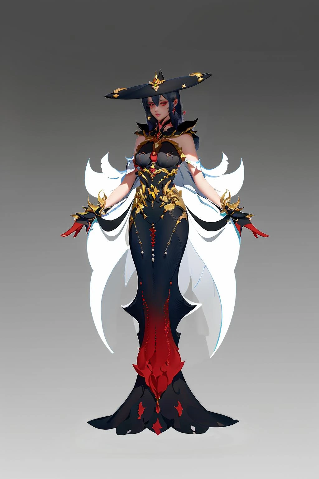 Game character, East Asian original art character design, 1girl, solo, gloves, long hair, very long hair, dress, breasts, grey background, jewelry, red eyes, full body, black gloves, black dress, hat, earrings, horns, standing, single horn, blue hair, looking at viewer, sleeveless, gradient, sleeveless dress, bare shoulders, large breasts, gradient background, choker, capelet, holding <lora:CG Game charactersV2:1>