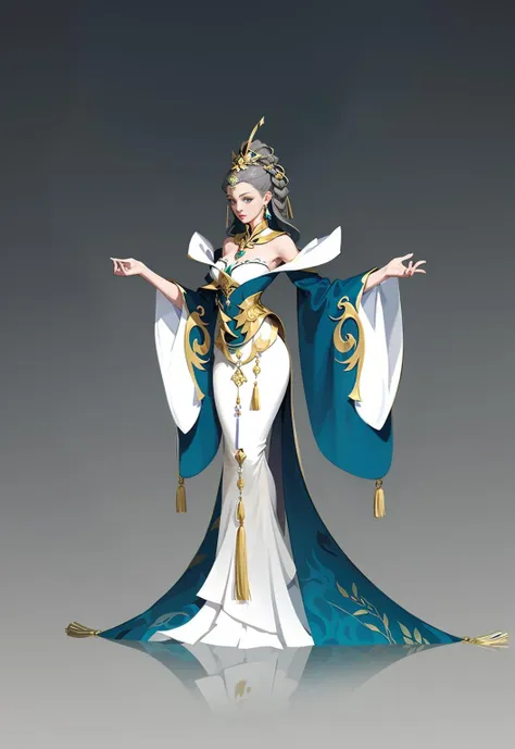 1 girl, solo, full body, dress, gradient, breasts, gradient background, gradient dress, hair accessory, tassel, jewelry, bare shoulders, wide sleeves, standing, gray background, earrings, long sleeves, looking at the audience, flowers, gold ornaments, coiled hairstyle, shadow<lora:CG Game characters:1>