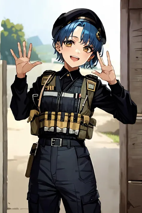 (masterpiece,best quality),1girl,((solo)),mideastelite,blue hair,very short hair,bangs,,beret,police uniform,jacket,pants,bulletproof vest,smiling,waving,looking at viewer,outdoors,in arid plain, <lora:MideastElite:0.8>, <lora:LORA-XenoDetailer-v2:0.1>