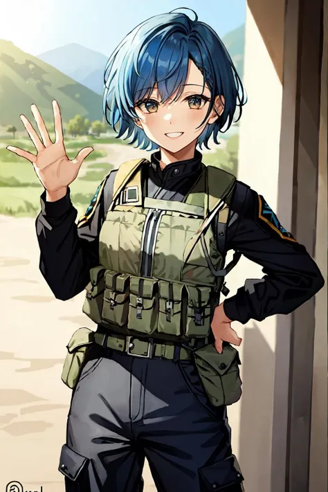 (masterpiece,best quality),1girl,((solo)),mideastelite,blue hair,very short hair,bangs,,no headwear,jacket,pants,bulletproof vest,smiling,waving,looking at viewer,outdoors,in arid plain, <lora:MideastElite:0.7>, <lora:LORA-XenoDetailer-v2:0.1>