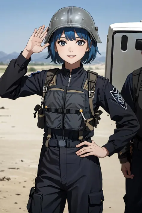 (masterpiece,best quality),1girl,mideastelite,blue hair,very short hair,bangs,,helmet,jacket,pants,bulletproof vest,smiling,waving,looking at viewer,outdoors,in arid plain, <lora:MideastElite:0.8>