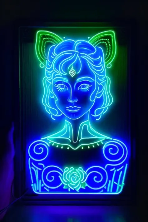 woman with a perfect face, in a mythical forest, masterpiece, intricate details, raw photo, photo unp <lora:RetroGlitch64_0.5+vineo_0.3+neon_v1_0.4+nihongdengV2_0.75_INALL+OUTD:1> neon light,neon sign,neon,LED