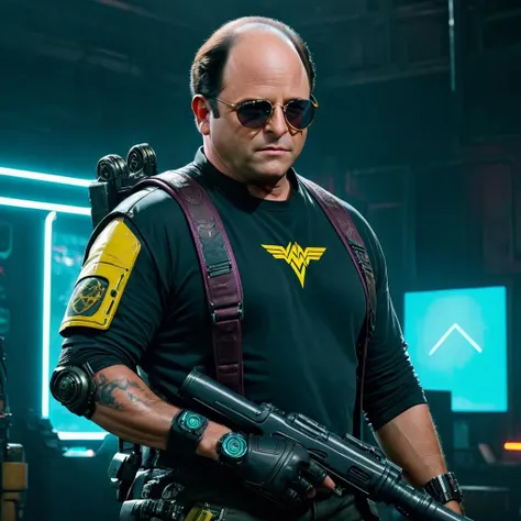 George Costanza in a surrealist Cyberpunk 2077 world, future, muscular, dystopian, dark, gritty, wearing sunglasses, futuristic clothing, prosthetic robot arm, short sleeves, arm tattoos, holding heavy gun with two hands, suspenders, vibes, neon
 <lora:George_Costanza-000003:1>