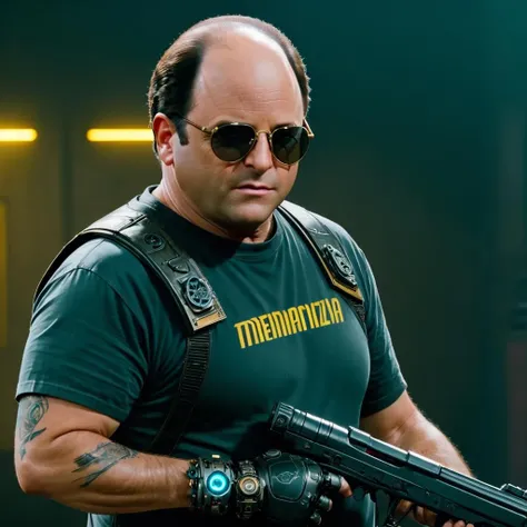 George Costanza in a surrealist Cyberpunk 2077 world, wearing sunglasses, prosthetic robot arm, short sleeves, arm tattoos, holding gun, vibes
<lora:George_Costanza-000003:1>