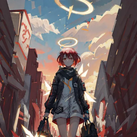 (masterpiece, best quality, (1girl, solo), (colorful, vivid colors, rich colors), (finely detailed eyes and detailed face), (finely detailed hair), cinematic lighting, ((extremely detailed CG unity 8k wallpaper))), full body, (looking at viewer, slight smile), (downtown, wings, exusiai \(arknights\)), (holding a package, walking towards viewer), (<lora:epi_noiseoffset2:0.8>,
(exusiai_4:1.2))