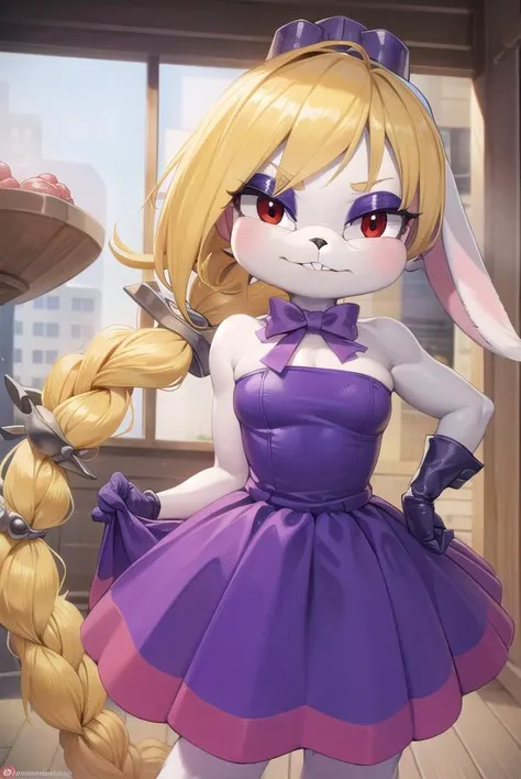 hariet, <lora:hariet-lora-nochekaiser:1>,
hariet, long hair, blonde hair, (red eyes:1.5), animal ears, braid, rabbit ears, eyelashes, makeup, rabbit girl, animal nose, buck teeth, pink eyeshadow, eyeshadow, (furry female:1.5), furry,
BREAK hair ornament, gloves, dress, bow, bare shoulders, bowtie, strapless, fishnets, purple dress, furry, purple footwear,
BREAK cowboy shot, looking at viewer,
BREAK indoors,
BREAK <lyco:GoodHands-beta2:1>, (masterpiece:1.2), best quality, high resolution, unity 8k wallpaper, (illustration:0.8), (beautiful detailed eyes:1.6), extremely detailed face, perfect lighting, extremely detailed CG, (perfect hands, perfect anatomy),