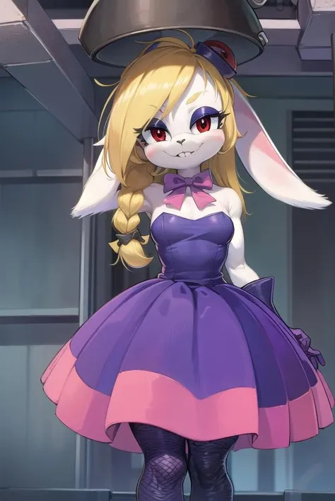 hariet, <lora:hariet-lora-nochekaiser:1>,
hariet, long hair, blonde hair, (red eyes:1.5), animal ears, braid, rabbit ears, eyelashes, makeup, rabbit girl, animal nose, buck teeth, pink eyeshadow, eyeshadow, (furry female:1.5), furry,
BREAK hair ornament, gloves, dress, bow, bare shoulders, bowtie, strapless, fishnets, purple dress, furry, purple footwear,
BREAK cowboy shot, looking at viewer,
BREAK indoors,
BREAK <lyco:GoodHands-beta2:1>, (masterpiece:1.2), best quality, high resolution, unity 8k wallpaper, (illustration:0.8), (beautiful detailed eyes:1.6), extremely detailed face, perfect lighting, extremely detailed CG, (perfect hands, perfect anatomy),