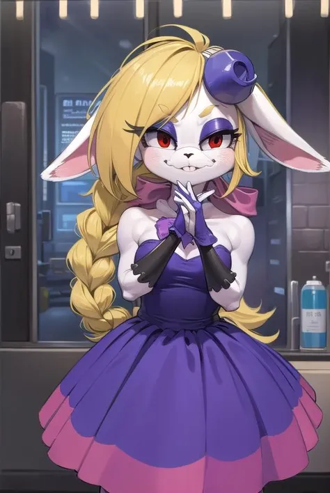 hariet, <lora:hariet-lora-nochekaiser:1>,
hariet, long hair, blonde hair, (red eyes:1.5), animal ears, braid, rabbit ears, eyelashes, makeup, rabbit girl, animal nose, buck teeth, pink eyeshadow, eyeshadow, (furry female:1.5), furry,
BREAK hair ornament, gloves, dress, bow, bare shoulders, bowtie, strapless, fishnets, purple dress, furry, purple footwear,
BREAK cowboy shot, looking at viewer,
BREAK indoors,
BREAK <lyco:GoodHands-beta2:1>, (masterpiece:1.2), best quality, high resolution, unity 8k wallpaper, (illustration:0.8), (beautiful detailed eyes:1.6), extremely detailed face, perfect lighting, extremely detailed CG, (perfect hands, perfect anatomy),