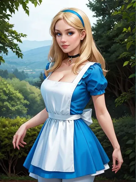 <lora:Aliceinwonderland_character:0.4>,disney,alicewonderlandwaifu,1girl,solo BREAK blonde hair,black hairband BREAK blue choker,sexy blue dress,short sleeves,puffy short sleeves,blue doll dress,deep plunging neckline,busty cleavage BREAK white bow,white pantyhose,white apron BREAK black mary jane shoes BREAK looking at viewer seductively,full body shot,(cowboy shot:1.5),flirty smile BREAK hedge maze background,castle background,wonderland forest background,rose bushes,vivid colors,(high quality, masterpiece, photorealistic:1.2),
