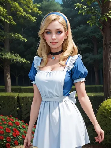 <lora:Aliceinwonderland_character:0.4>,disney,alicewonderlandwaifu,1girl,solo BREAK blonde hair,black hairband BREAK blue choker,sexy blue dress,short sleeves,puffy short sleeves,blue doll dress,deep plunging neckline,busty cleavage BREAK white bow,white pantyhose,white apron BREAK black mary jane shoes BREAK looking at viewer seductively,full body shot,(cowboy shot:1.5),flirty smile BREAK hedge maze background,castle background,wonderland forest background,rose bushes,vivid colors,(high quality, masterpiece, photorealistic:1.2),